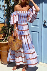 Fashion Print Patchwork Off The Shoulder Cake Skirt Dresses(3 Colors)