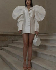 Loose Beige Satin Puff Sleeve Mini Jacket Dresses