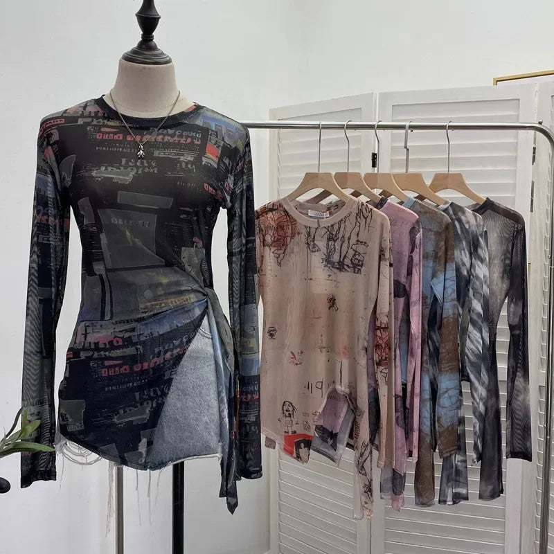 Pydshop Women'S Retro Tie Dye Printed Mesh Bottoming Long Sleeve Top Sexy See-Through Irregular Strappy Short T-Shirt Party Streetwear