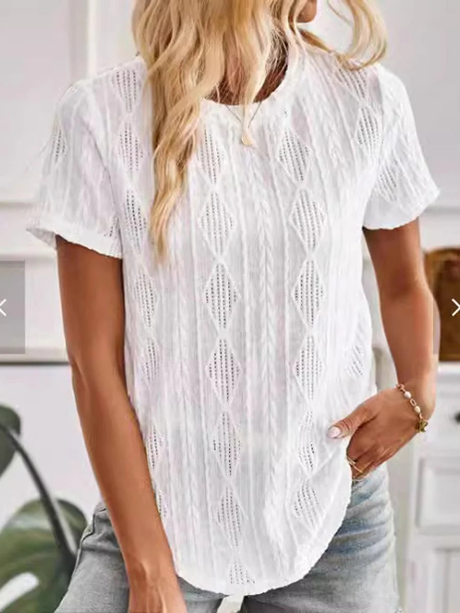 Round Neck Buttoned Cutout Jacquard Short-Sleeved T-Shirt