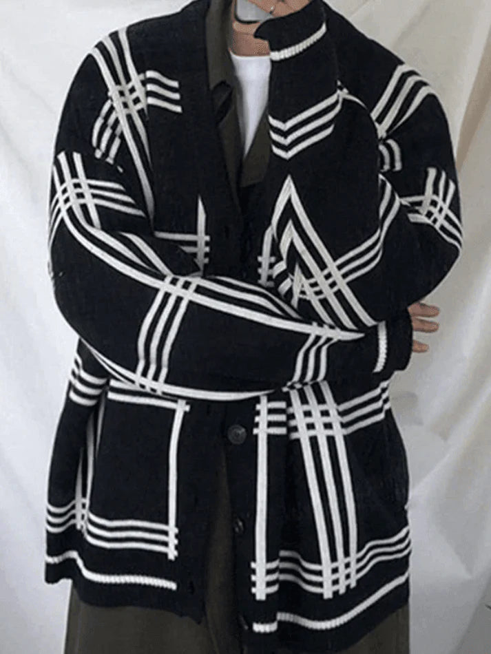 Men'S V Neck Checkered Cardigan