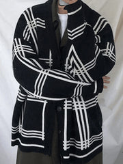 Men'S V Neck Checkered Cardigan