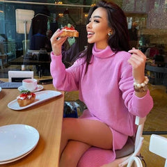 Turtleneck Sweater High Split Midi Skirt Matching Set - Pink
