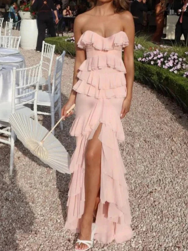 Pink Strapless Ruffle Maxi Dresses