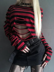 Pydshop Women Goth Punk Long Sleeve Crewneck Striped T Shirt Y2K Grunge Cutout Crop Tops Halloween Christmas Pullover Top