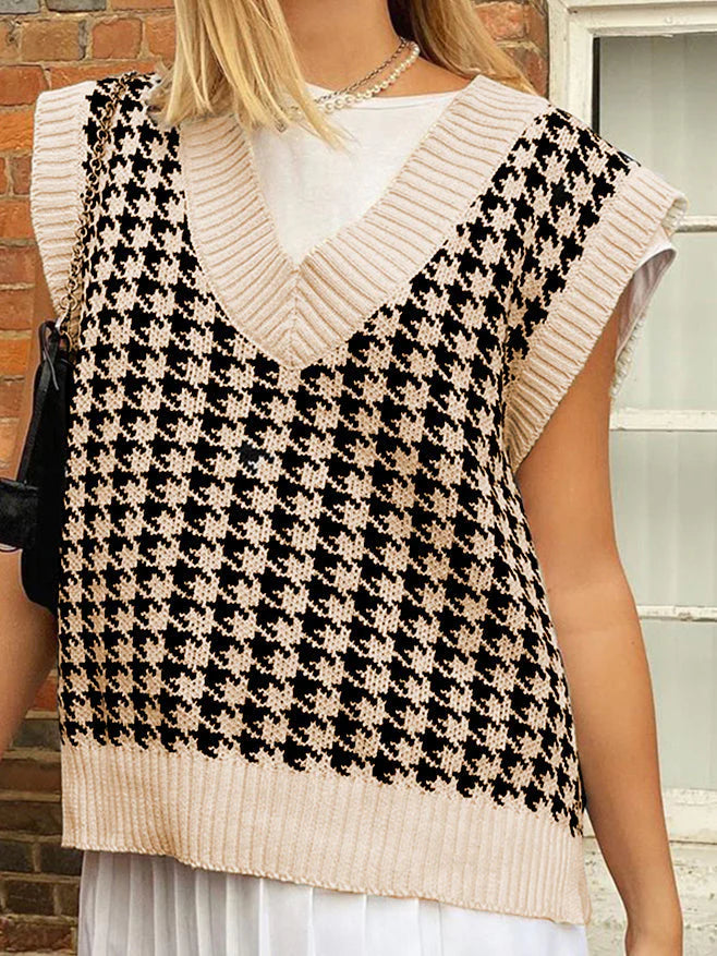 V Neck Houndstooth Sweater Vest