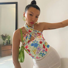 Cute Floral Printed Cross Halter Zip Back Crop Tube Top - Colorful