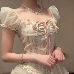 Pydshop Sweet Square Collar Bow Puff Sleeve Slim Fit Floral Tops Women+ High Waist Ruched Lace Skirts 2024 Summer New Two Piece Sets