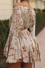 Sexy Vacation Floral Print Lace Up Off Shoulder Printed Dresses(No Waist Belt)