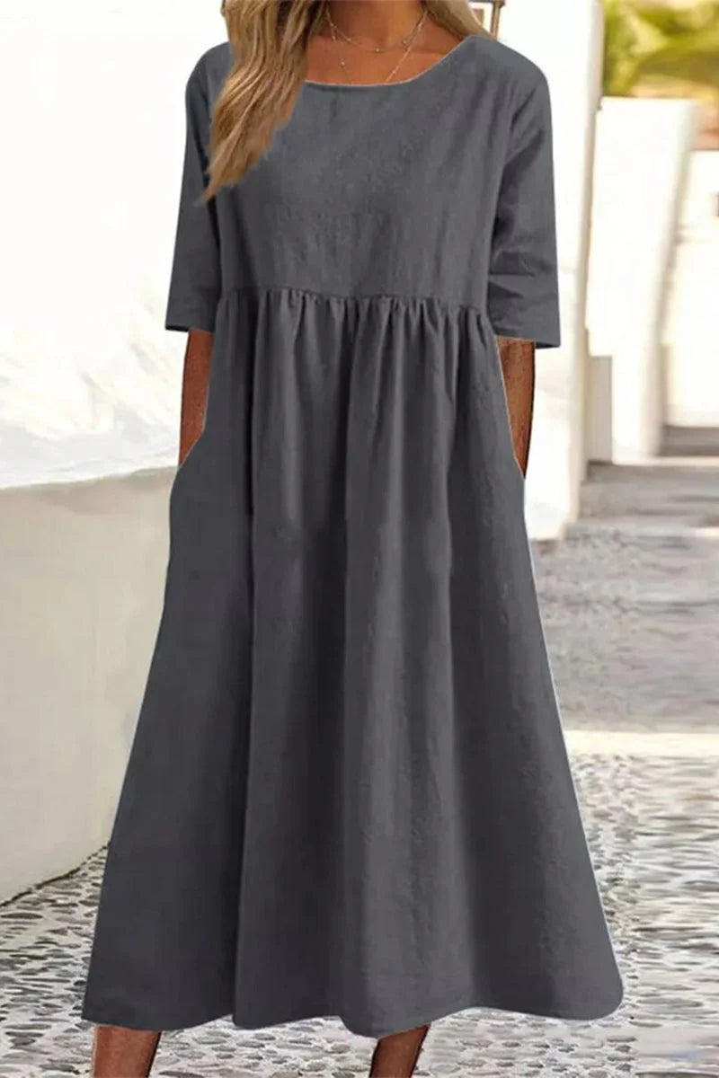 Women'S Casual Solid Half Sleeve Pleated Pocket Cotton Dress(9 Colors)