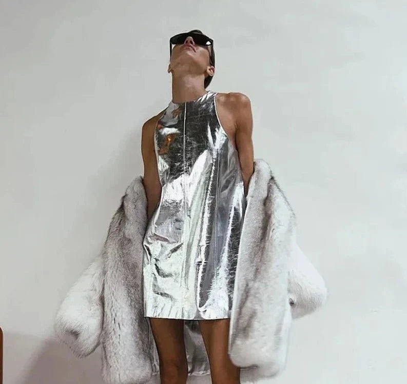 Bodycon Sliver Pu Leather O-Neck Sleeveless Mini Dresses