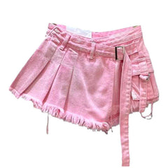 Asymmetric Pleated Mini Denim Skort