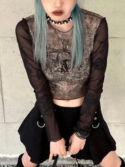 Skull Mesh Long Sleeve Crop Top