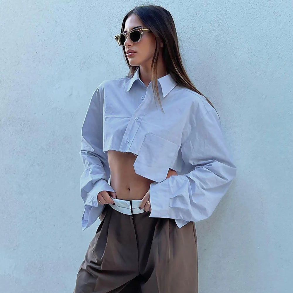 Long Sleeve Pointed Collar Cropped Shirt - Baby Blue