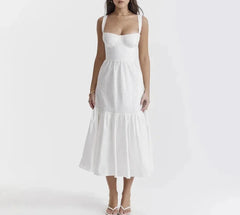 Linen-Cotton Blend Jacquard Midi Vacation Dress