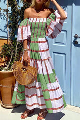 Fashion Print Patchwork Off The Shoulder Cake Skirt Dresses(3 Colors)