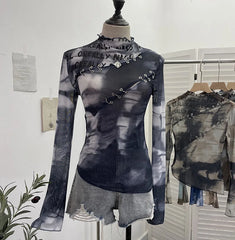 Pydshop Women'S Retro Casual Bottom Long Sleeve T-Shirt Sexy Hollow Out Tie Dye Print Irregular Mesh Hot Girl Y2K Top Summer Party Shirt