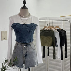 Pydshop Women Street Fake Two Piece Denim Splicing Mesh Long Sleeve Slim Fit Crop Top Y2K Top Casual Holiday Partyclub Streetwear 2623