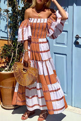 Fashion Print Patchwork Off The Shoulder Cake Skirt Dresses(3 Colors)