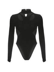 Black Patchwork Cutout Long Sleeve Bodysuit