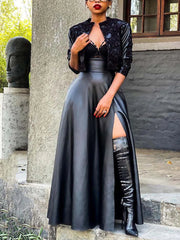 High Waist Side Slit Pu Skirt