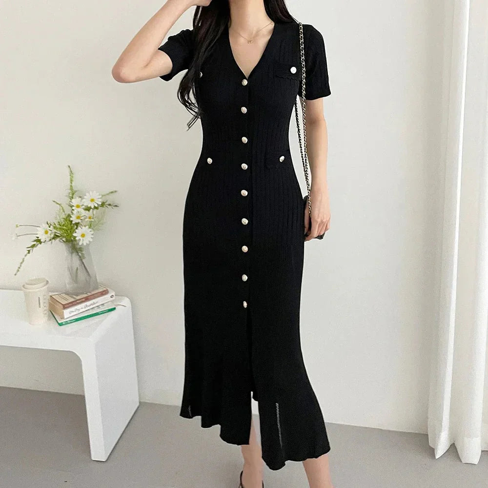 Summer Midi Knitted Black Bodycon Dresses