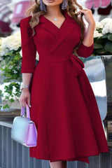 Casual Print Bandage Patchwork Turn-Back Collar A Line Dresses(5 Colors)