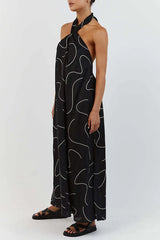 Casual Geometric Print Frenulum Halter Sleeveless Dress Dresses