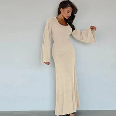 String Ribbed Long Sleeve Maxi Dress