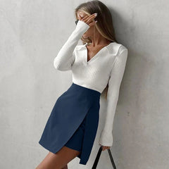 Wrap Split Front Zipper Trim High Waist Mini Skirt - Navy Blue