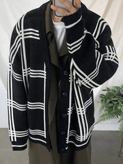 Men'S V Neck Checkered Cardigan