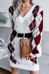 Casual Geometric Split Joint  Contrast V Neck Dresses  Sweater (Without Belt)