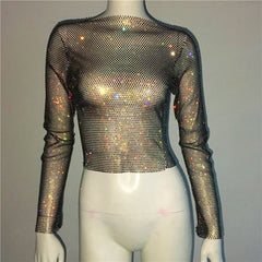 Pydshop Evening Club Party Sparkly Tops For Women Diamonds Cropped Top Outfits Y2K Accessories Hollow Out Glitter Fishnet Topschristmas Gifts
