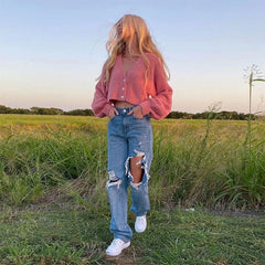90S Distressed Cutout High Waist Wide Leg Jeans - Blue