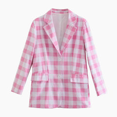 Sweet Plaid Print Long Sleeve Blazer And Pleated Mini Skirt Matching Set - Pink