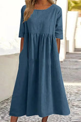 Women'S Casual Solid Half Sleeve Pleated Pocket Cotton Dress(9 Colors)
