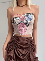 Mesh Floral Print Bandeau Crop Top