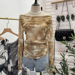 Pydshop Retro Tie Dye Pleated One Shoulder Long Sleeved T-Shirt For Women Summer Sexy See Through Mesh Irregular Top Y2K Partyclub Wear