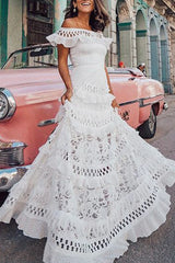 Celebrities Elegant Solid Lace Hollowed Out Without Belt Off The Shoulder A Line Dresses