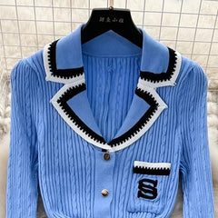 Knitted Turn-Down Collar Embroidery Long Shirt Dress
