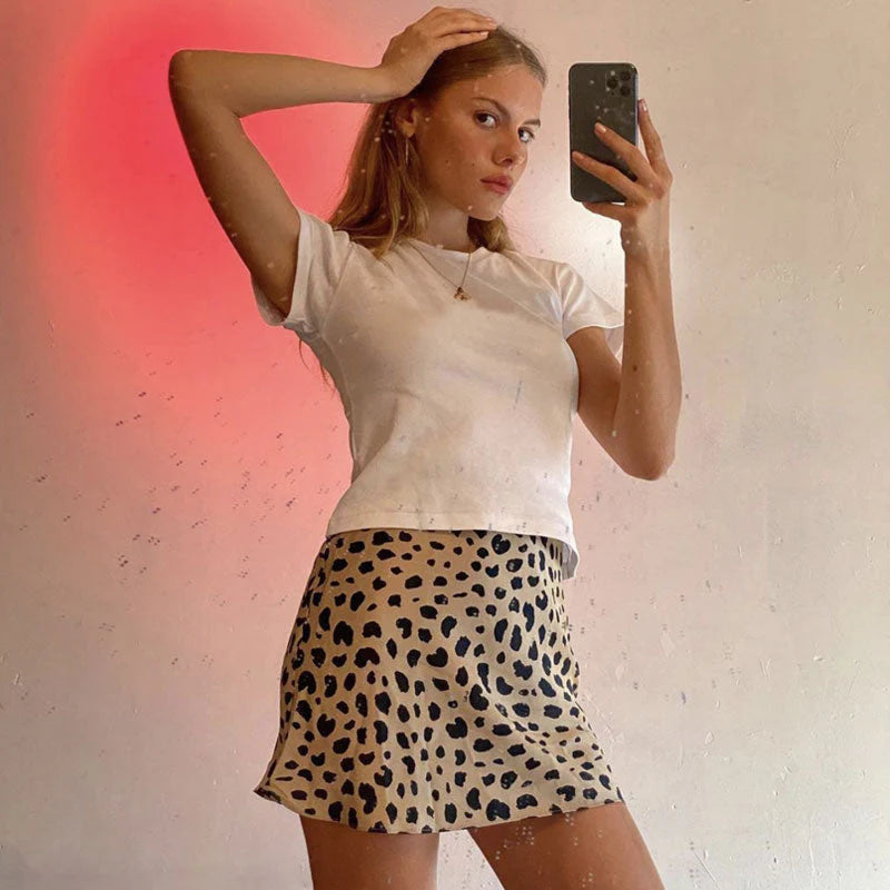 Vintage Leopard Printed High Waist A-Line Mini Satin Skirt - Coffee