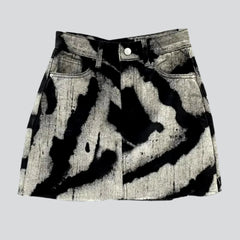Tie-Dyed Vintage Print Denim Skirt