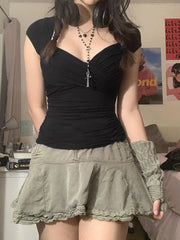 Criss Cross Ruched V Neck Tee