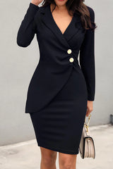 Elegant Solid Patchwork Buckle Turn-Back Collar Wrapped Skirt Dresses(4 Colors)