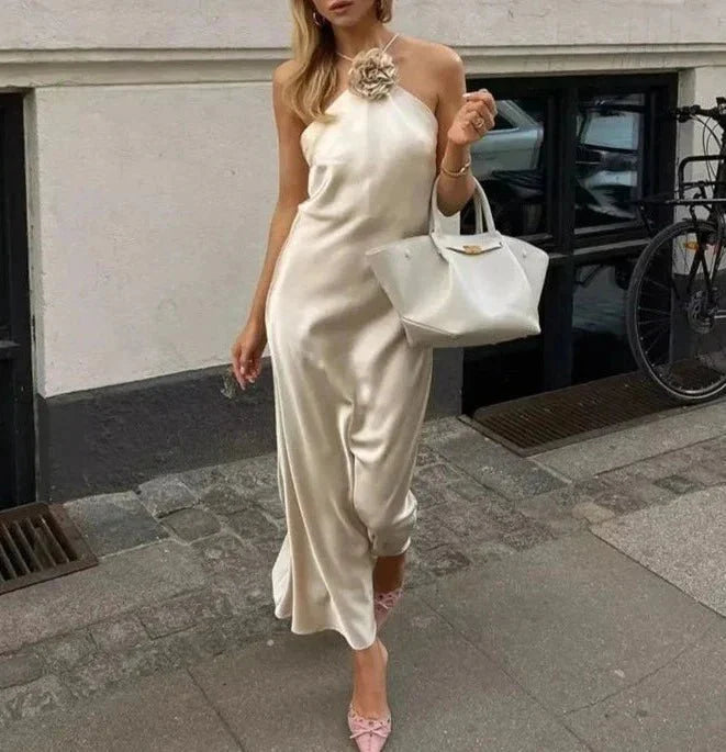 3D Flower Halter Off-The-Shoulder Satin Dress