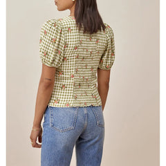 Pydshop Women Blouses Fashion Plaid And Floral Print Beach Casual Summer Tops Sweetheart Neck Short Puff Sleeve Elegant Blouse Top