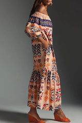 Elegant College Floral Patchwork Off The Shoulder Printed Dress Dresses