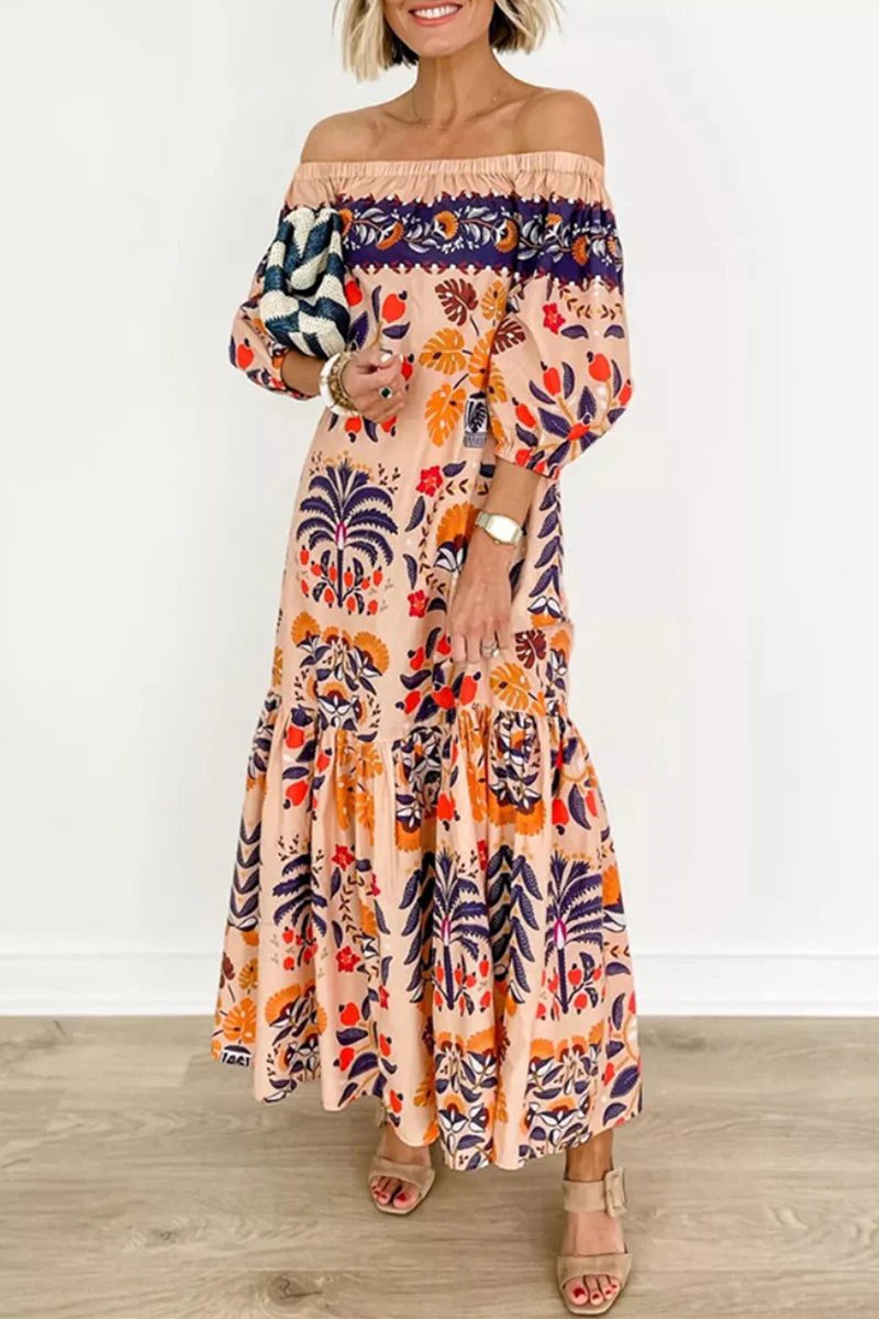 Elegant College Floral Patchwork Off The Shoulder Printed Dress Dresses