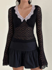 Pydshop Women  Spring Fall Lace Top Mesh See Through Long Sleeve Crop Tops Sexy Sheer Deep V Neck Floral Lace Shirt Blouse Y2K Fairy