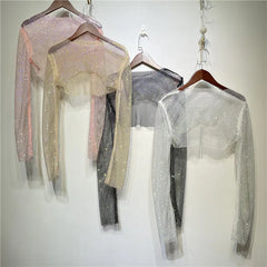 Pydshop Taruxy Sparkly Crystal T-Shirts Women O-Neck Hollow Out Sexy See Through Tank Tops Night Partywear Crop Shirts Tee Y2K Tops Christmas Gifts
